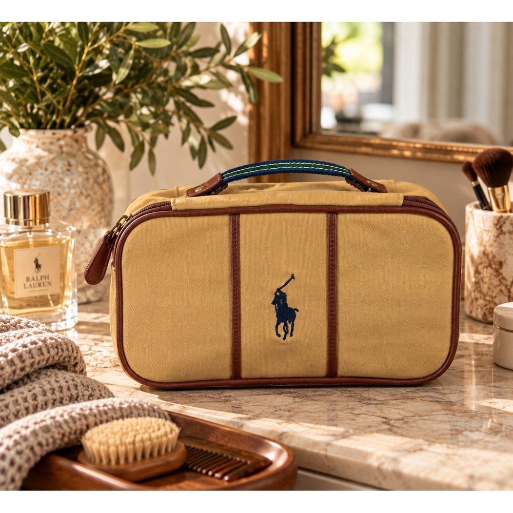Ralph Lauren Polo Canvas Travel Toiletry Bag Dopp Kit Tan Brown Pony Logo Preppy